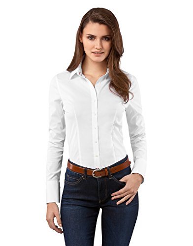 Vincenzo Boretti Camisa de Mujer Elegante y clásica, Ajustada Entallado (Slim-fit), Mezcla de algodón, Ligeramente elástica, Manga-Larga, Cuello Kent, Lisa - fácil de Planchar Blanco 42