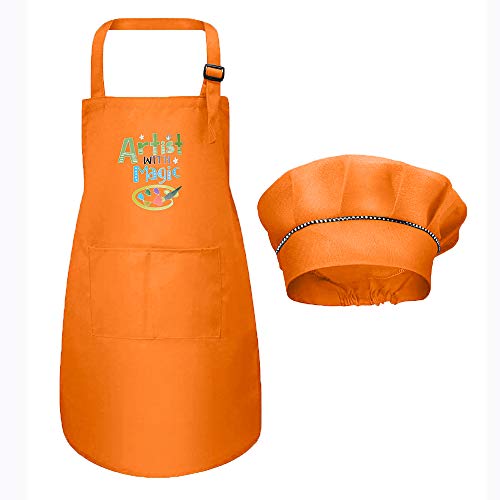 VINFUTUR Delantal y Gorro Cocina Niños Naranja, Delantal+Gorro para Cocinero Infantil Juego de Chef Infantil Mandil para Pintar Manualidad DIY Hornear Fiesta