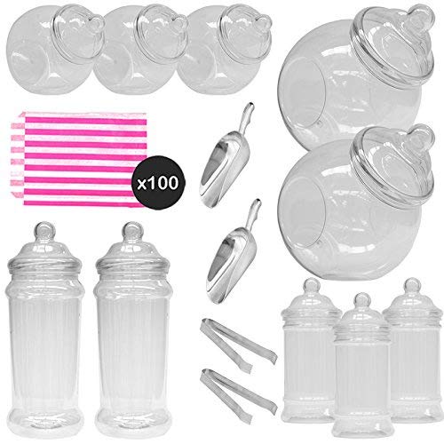 Vintage Victoriano Pick & Mix Candy Buffet Kit – 10 tarro Pack con bolsas de rayas rosa