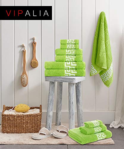 Vipalia Juego de Toallas de Baño 3 Piezas. Calidad Rizo 100% Algodón Egipcio 600 gr. Lisas. 3 Tamaños Tocador Lavabo y Ducha Sabana. Cenefa Dibujo Cesar. Color Pistacho