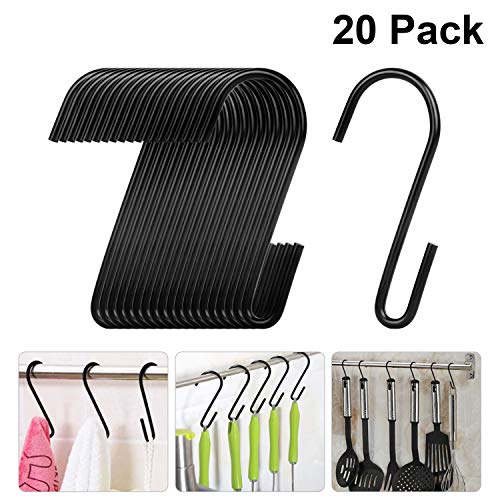 VIPITH 20 unidades de ganchos en forma de S de 3,7 pulgadas, negro, resistente al óxido, de acero inoxidable resistente, ganchos en forma de S para colgar sartenes, bolsas, toallas, en cocina, baño