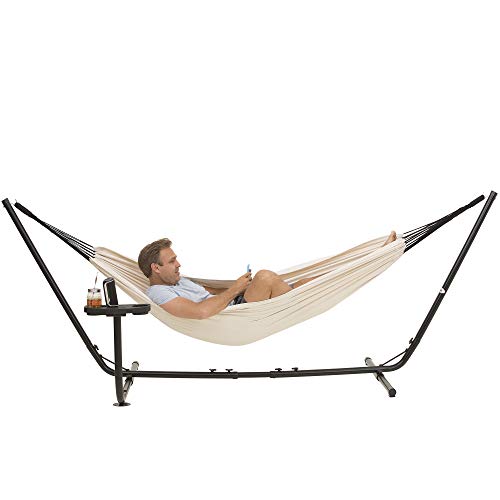 VITA5 Hamaca con estructura (algodón) para 2 personas/205 kg con soporte para vasos y libros, superficie de descanso 241 x 160, con bolsa de transporte (beige)