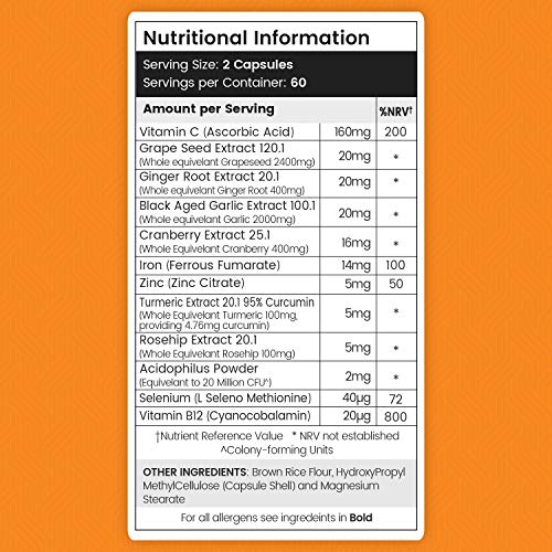 Vitamina C Complex - Dosis Alta de Vitamina C, Zinc y Hierro, Aumenta la Energía, Disminuye el Cansancio, Con Vitamina B12 y Cúrcuma, Suplemento Vitamínico y Mineral Natural, 120 Cápsulas Veganas