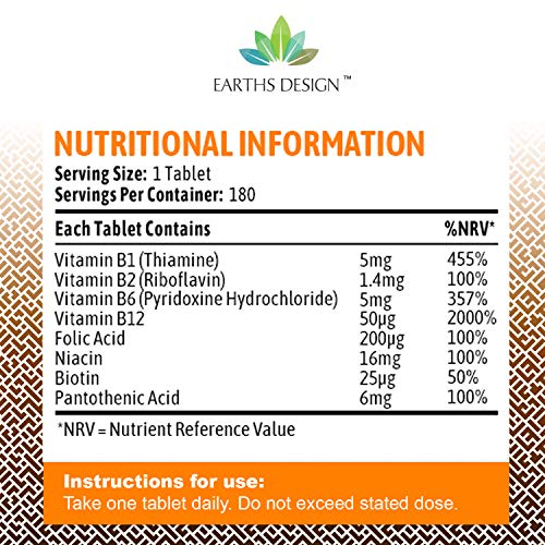 Vitaminas Complejo B - Vit B1 B2 B3 B5 B6 B12 - Con Biotina y Ácido Fólico - Para Hombres y Mujeres - Apto Vegetarianos - 180 Pastillas (Suministro Para 6 Meses) de Earths Design