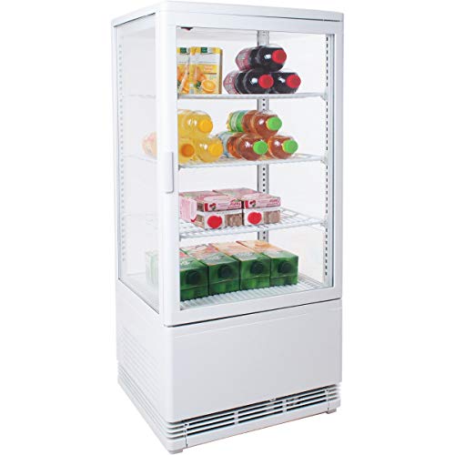 Vitrina de refrigeración de Zorro en color blanco, vitrina para tartas y gastronomía de 80 litros, R600A, con cristal doble en los 4 lados