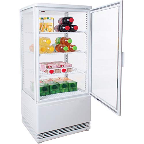 Vitrina de refrigeración de Zorro en color blanco, vitrina para tartas y gastronomía de 80 litros, R600A, con cristal doble en los 4 lados