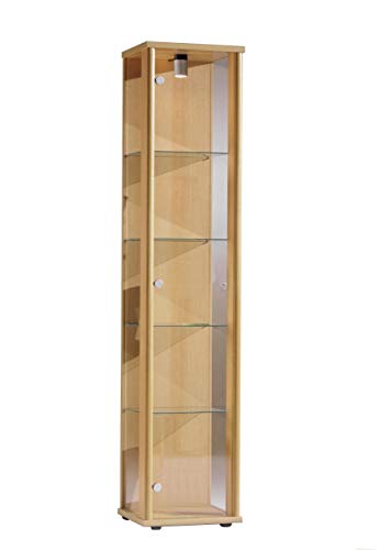 Vitrina Mueble de pared 176x37x33 cm en color haya con iluminación con 4 estantes de vidrio