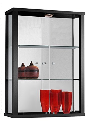 Vitrina Mueble de pared 80x60x25 cm negro con 2 estantes de vidrio, espejo y iluminación LED
