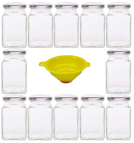 Viva Haushaltswaren - Juego de 12 tarros de Cristal (260 ml Tapa de Color Plateado Incluye Embudo de Color Amarillo con Tope)