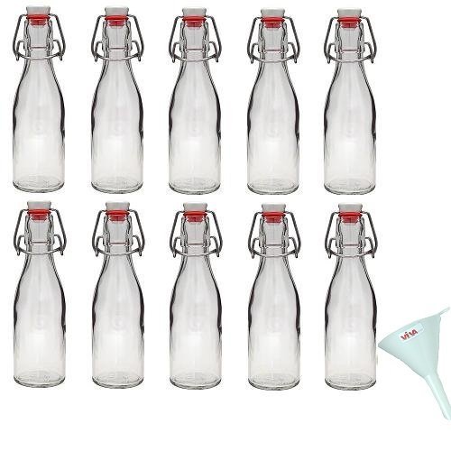 Viva Haushaltswaren - Juego de Botellas de Cristal (10 Unidades 200 ml con Cierre rellenables Incluye Embudo 7 cm de diámetro)