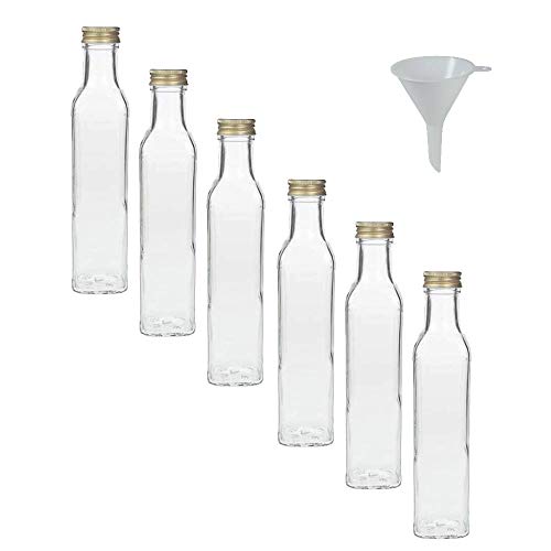 Viva Haushaltswaren - Juego de Botellas de Cristal (con tapón de Rosca, 6 Unidades, 250 ml, rellenables, Incluye Embudo de 7 cm)