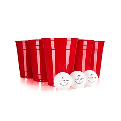 Vivaloo 50 Unidades + 6 Pelotas | Vasos De Plástico | Vasos Rojos Y Duros, Ideal para Beer Pong De Película Americana | para Fiestas, Juegos De Beber, Celebraciones | Resistentes Y Desechables