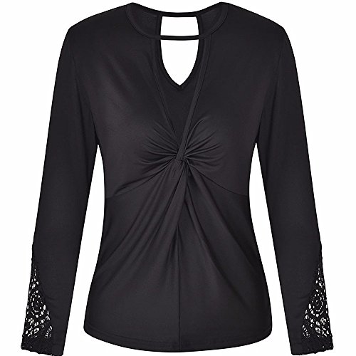 VJGOAL Moda Casual para Mujer Sexy con Cuello en v Patchwork de Encaje Manga Larga parcialmente ahuecada Camisa Jersey Blusa Tops