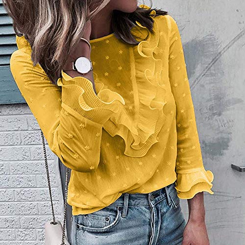 VJGOAL Moda Mujer Casual Encaje Sexy Lunares O Cuello Dulce Volante Camiseta Manga Larga Tops Blusa (S, X-Amarillo)