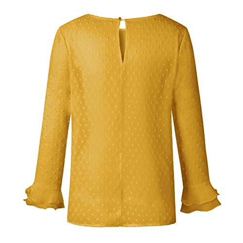 VJGOAL Moda Mujer Casual Encaje Sexy Lunares O Cuello Dulce Volante Camiseta Manga Larga Tops Blusa (S, X-Amarillo)