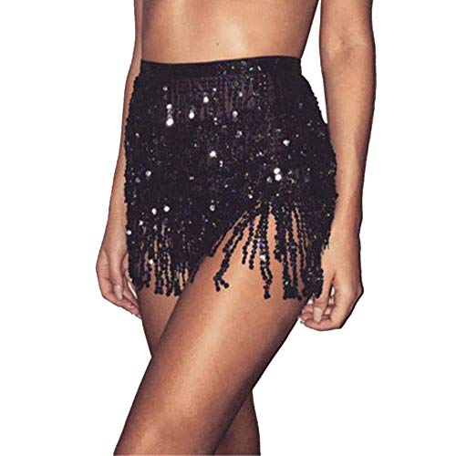 VJGOAL Moda para Mujer Vendaje Lentejuelas Danza del Vientre Traje Borla Falda Club Mini Falda(Un tamaño,Negro)