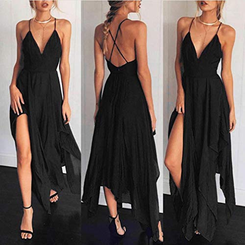 VJGOAL Verano de Las Mujeres sin Mangas con Cuello en V Boho Noche Larga Fiesta cóctel Playa Ocasional de la Gasa Vestido Largo hasta el Tobillo (2XL, Negro)