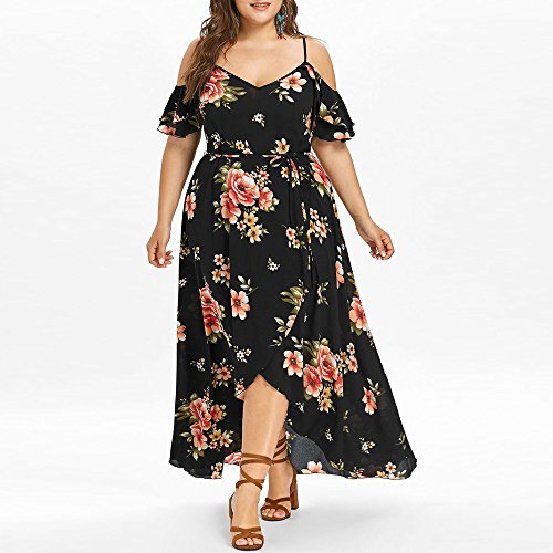 VJGOALas Mujeres más el tamaño Ocasional con Cuello en v Manga Corta Manga de la Mariposa del Hombro Boho Estampado de Flores Vestido Largo (5XL, Negro)