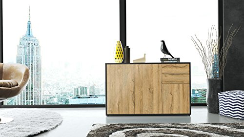 Vladon Cómoda Sideboard Ben V3, Cuerpo en Negro Mate/Frentes en Roble Natural