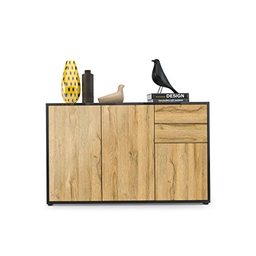 Vladon Cómoda Sideboard Ben V3, Cuerpo en Negro Mate/Frentes en Roble Natural