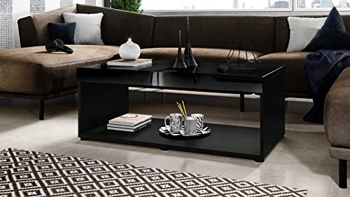 Vladon Mesa de Centro para sofá y Sala de Estar Pure con 2 estantes de Almacenamiento Grandes, Cuerpo en Negro Mate/Tablero de la Mesa y Paneles en Negro de Alto Brillo | Gran selección de Colores