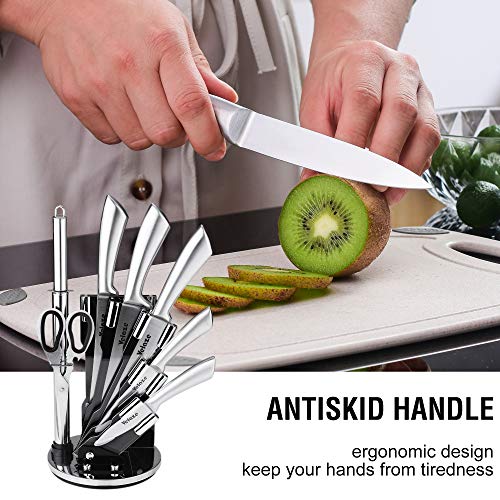 Vleaze Cuchillo de Cocina de Profesional Chef, Juego 8 Piezas de Acero Inoxidable, Juego Cuchillos con Soporte Bloque de Cuchillos Giratorio Acrílico con Base de Acero - Color Plata