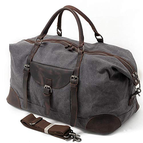 Vobajf-STB Bolsa de viaje de lona de gran tamaño de viaje bolso de hombro bolsa de hombro impermeable para llevar en la bolsa cruzada para hombres y mujeres de lona/cuero fin de semana, lona, gris, 55x28x37cm