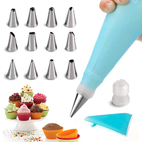 Vockvic Manga Pastelera Silicona, 14 Piezas Boquilla de Acero Inoxidable, Set Decoración de Pasteles Multifuncional con Convertidor de Plásticos Duraderos, Bricolaje Hornear