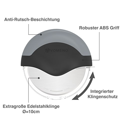 Vomeno - Cortador de pizza XXL para obtener porciones perfectas sin esfuerzo - Cortador profesional de pizza con protección integrada de la hoja y función de limpieza [acero inoxidable]