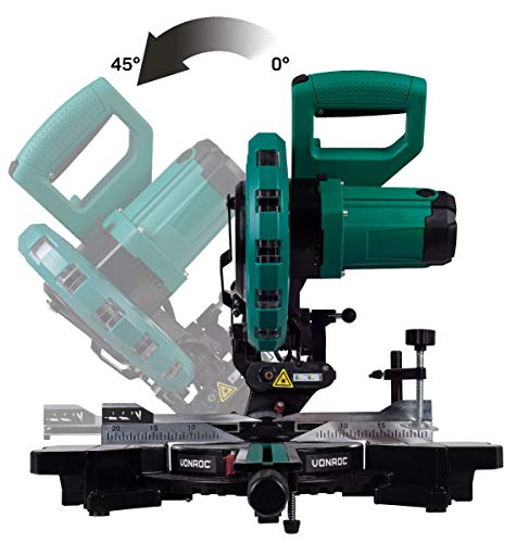 VONROC Sierra ingletadora 2000W – Sierra de bisel y costilla radial - Hoja de sierra de Ø 216 mm y 40 dientes - Provista de láser y LED