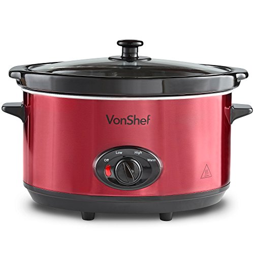 VonShef Olla De Cocción Lenta de 6,5L de Acero Inoxidable - Plato Desmontable del Horno A La Mesa Y Tapa De Vidrio