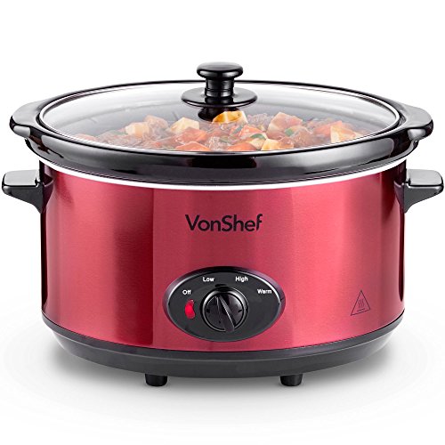 VonShef Olla De Cocción Lenta de 6,5L de Acero Inoxidable - Plato Desmontable del Horno A La Mesa Y Tapa De Vidrio