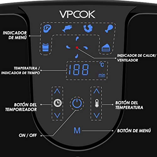 VPCOK Freidora sin Aceite, XXL Freidora de Aire Caliente con 6 Programas, Air Fryer con Temperatura y Temporizador Ajustable, Cesta Antiadherente, Libre de BPA