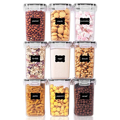 Vtopmart 1.6L Recipientes para Cereales Almacenamiento de Alimentos, Jarras de Almacenamiento de Plástico con Tapa Hermética Sin BPA,Juego de 9 + 24 Etiquetas, para harina,café (Negro)