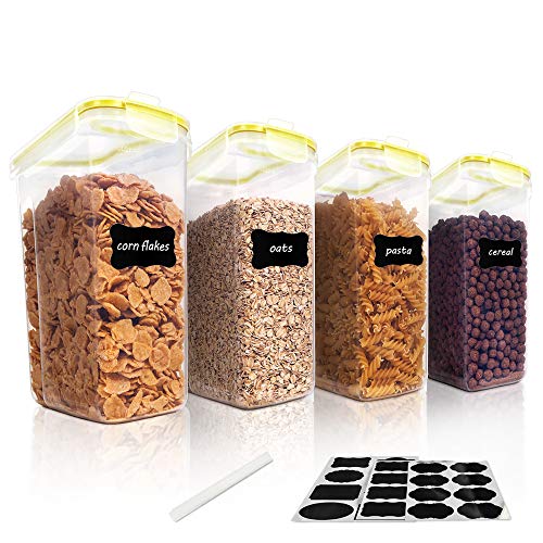 Vtopmart 4L Recipientes para Cereales Almacenamiento de Alimentos, Jarras de Almacenamiento de Plástico con Tapa Hermética Sin BPA,Juego de 4 + 24 Etiquetas, para harina,café (amarillo)