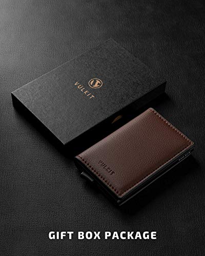 VULKIT Pocket Cartera Tarjetero Hombre Piel con Aluminio Caso RFID Bloqueo Tarjetero Minimalista con 3 Ranuras para Tarjetas y Billetes, Marron Oscuro