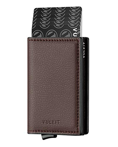 VULKIT Pocket Cartera Tarjetero Hombre Piel con Aluminio Caso RFID Bloqueo Tarjetero Minimalista con 3 Ranuras para Tarjetas y Billetes, Marron Oscuro