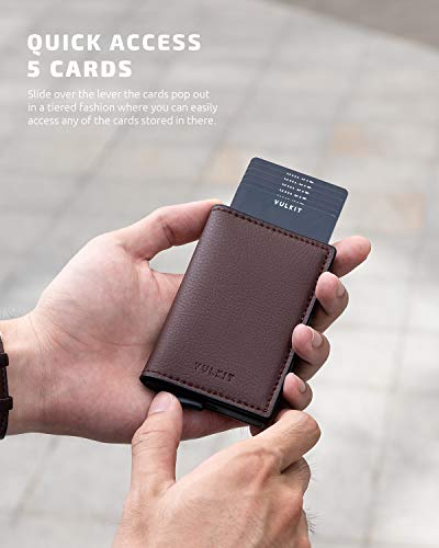 VULKIT Pocket Cartera Tarjetero Hombre Piel con Aluminio Caso RFID Bloqueo Tarjetero Minimalista con 3 Ranuras para Tarjetas y Billetes, Marron Oscuro