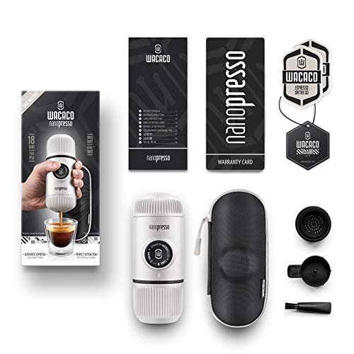 WACACO Nanopresso máquina de café espresso portátil con protectora Nanopresso S-Case adjunto, actualización de la de Minipresso, Cafetera de viaje, Operado manualmente (Nuevos Elementos Frío Blanco)