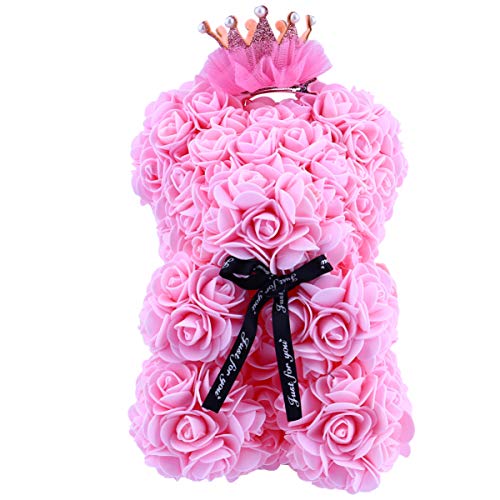 Wakauto Oso de Peluche Rosa con Corona Flor Artesanías de Oso Osos Rosas Flor Eterna para Escaparate Aniversario Fiesta de Navidad Favores Regalo Rosa