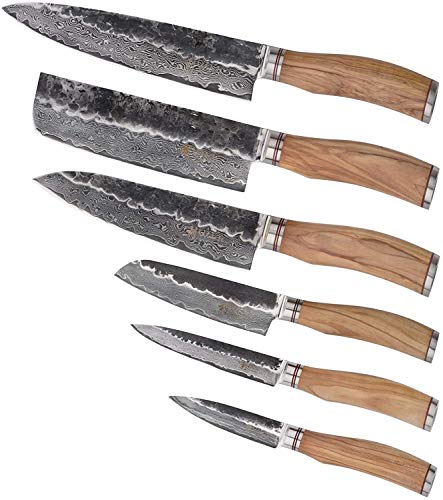 Wakoli - Cuchillo de damasco (hoja de 9,00 cm de largo, con martillo negro, muy afilado, con hoja de Damasco y mango de madera de olivo, cuchillo de cocina