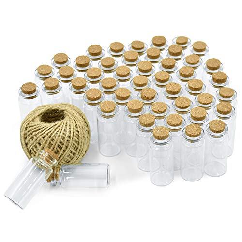 Wandefol 48pcs Botella de Vídrio con Tapón de Corcho, Botella de Mensaje, Botellas Cristales Pequeñas 10ml para Manualidad Decoración con Cordel Transparente a Prueba de Golpe Madera Yute Vídrio