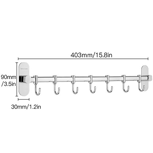 Wangel Adhesivo 7 Gancho Barra Soportes y Organizadores para Utensilios de Cocina, Pegamento Patentado + Autoadhesivo, Acero Inoxidable, Acabado Pulido, 40CM