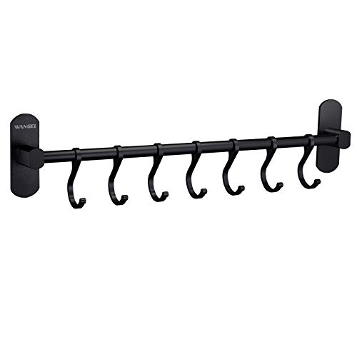 Wangel Adhesivo 7 Gancho Barra Soportes y Organizadores para Utensilios de Cocina, Pegamento Patentado + Autoadhesivo, Aluminio, Acabado Mate, 40CM, Negro