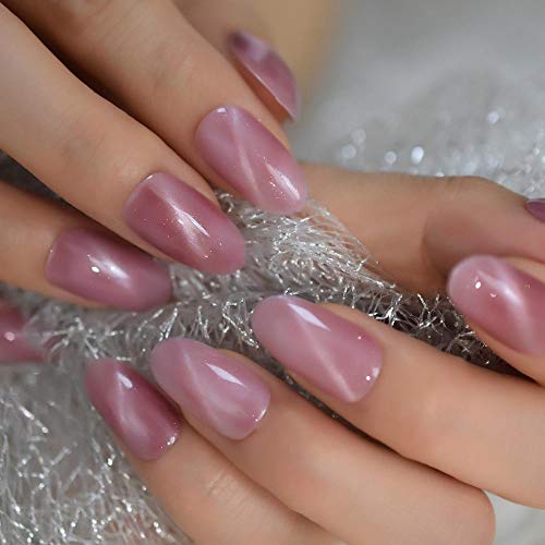 Wangguifu Fantasy Pink Cat Eye Uñas Postizas Medio Oval Top Vía Láctea Pintado A Mano Artificial Acrílico Nail Art Tips Pre-Diseñado 24Pcs Nails