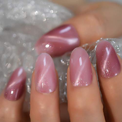 Wangguifu Fantasy Pink Cat Eye Uñas Postizas Medio Oval Top Vía Láctea Pintado A Mano Artificial Acrílico Nail Art Tips Pre-Diseñado 24Pcs Nails