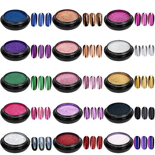 WANXIAN Polvos para uñas 15 frascos Cromo en polvo para uñas Uñas metálicas en polvo Brillos Manicura Art Power Sets con 15 piezas de palos de sombra de ojos, 1 g/frasco