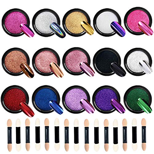 WANXIAN Polvos para uñas 15 frascos Cromo en polvo para uñas Uñas metálicas en polvo Brillos Manicura Art Power Sets con 15 piezas de palos de sombra de ojos, 1 g/frasco