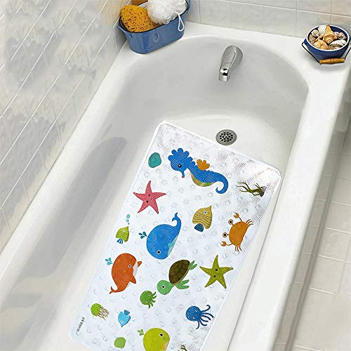 WARRAH Alfombra Antideslizante de Baño para Niños Bebés Seguridad Alfombrilla Antideslizante para Bañera o Ducha con Ventosas,Resistente al Moho,Natural PVC,70 x 40 cm (Criaturas del mar)