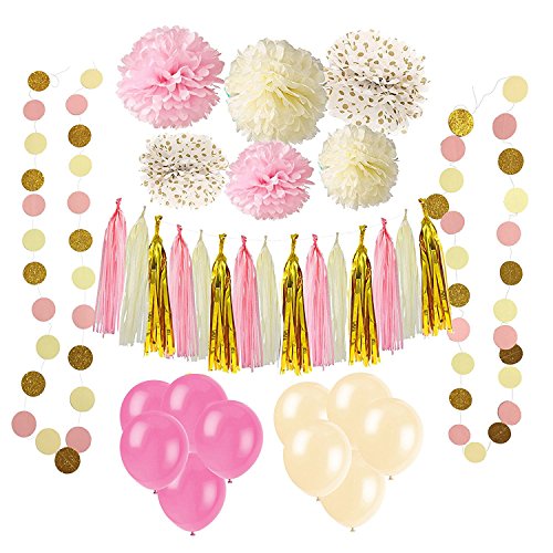 Wartoon 43 Pcs Papel Pom Poms Flores Tissue Globo Tassel Garland Polka Dot Kit de Guirnalda de Papel para Las Decoraciones del Banquete de Boda de Cumpleaños - Rosa y Crema